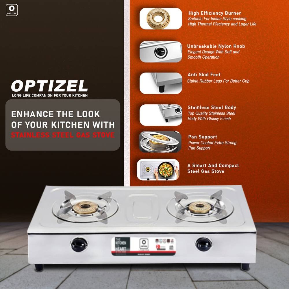 OPTIZEL ADRIA 2 Burner Gas Stove I Stainless Steel Body & PAN Support I Heavy Build I 2 Years Warranty I Free Delivery OPTIZEL ADRIA 2 Burner Gas Stove I Stainless Steel Body & PAN Support I Heavy Build I 2 Years Warranty I Free Delivery